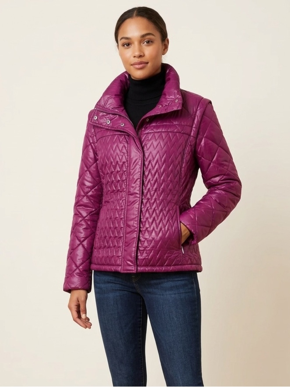 Apriori Women’s 2-in-1 Quilted Jacket Vest Convertible Magenta Sz 10 NWOT